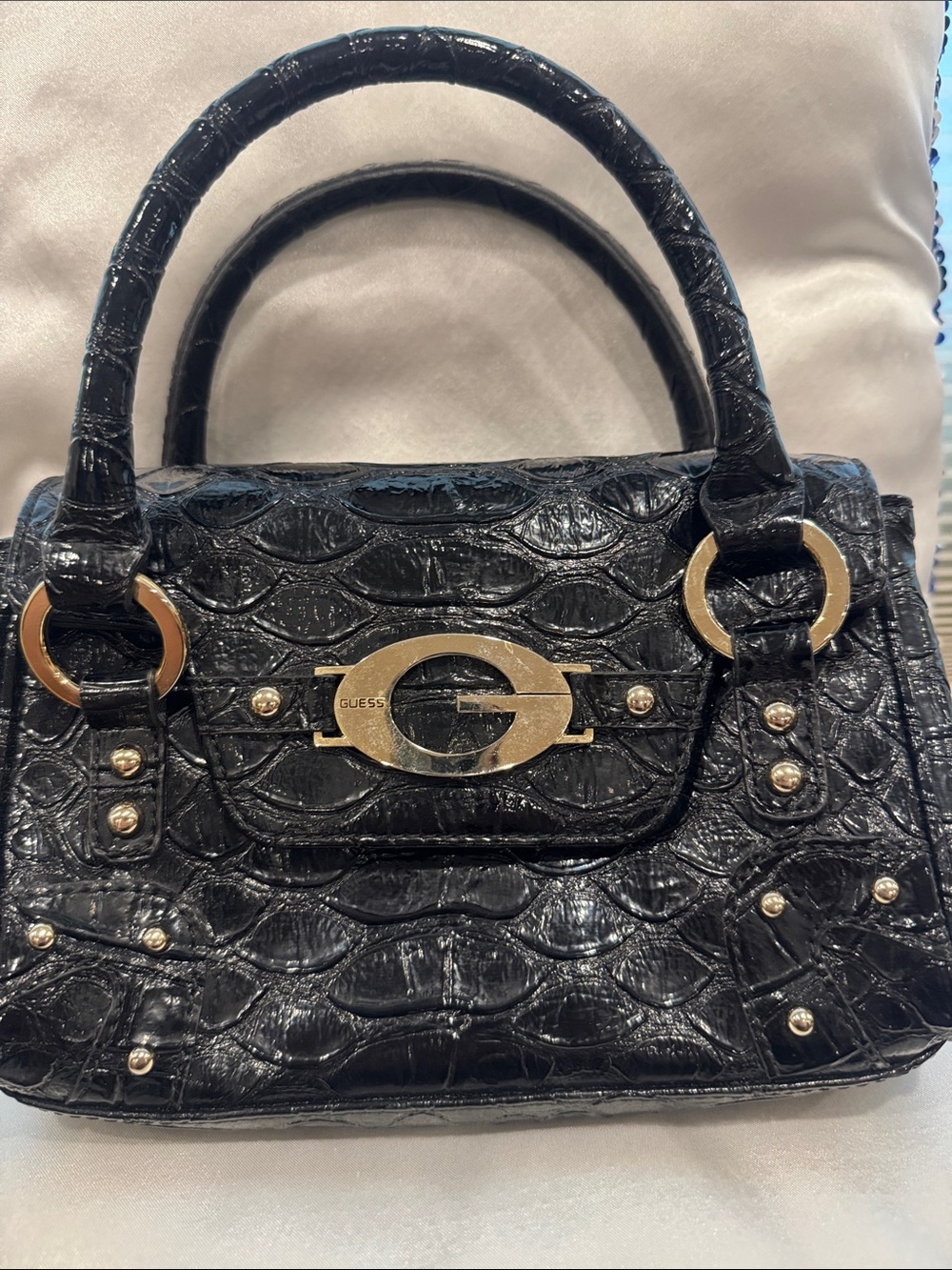 Guess Black Croc-Embossed Satchel with Gold Hardware Accent- Like New!